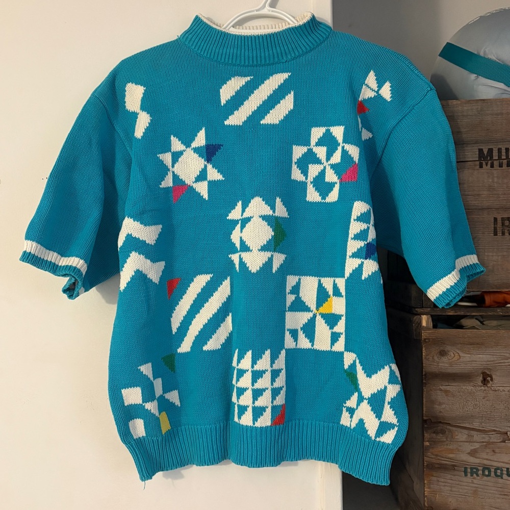 Vintage 80s Bay Club Teal Geometric Mockneck Short Sleeve Sweater Size Large - Picture 1 of 4